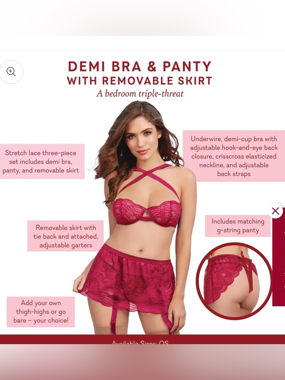 Pure Romance Demi Bra & Panty Set Removable Skirt Pink One Size